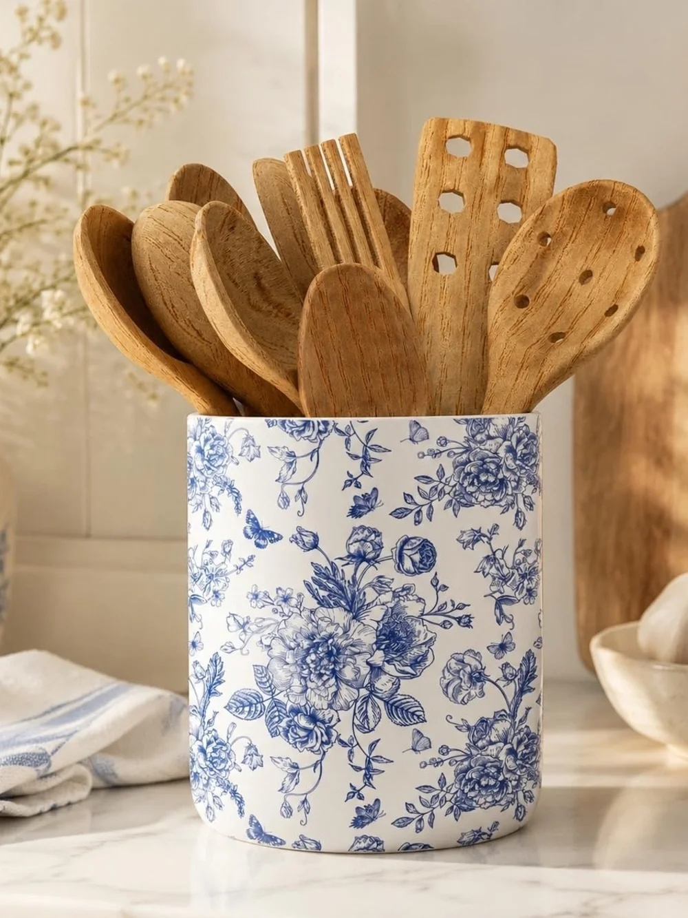 Blue Floral Ceramic Utensil Crock - Classic Kitchen Organizer